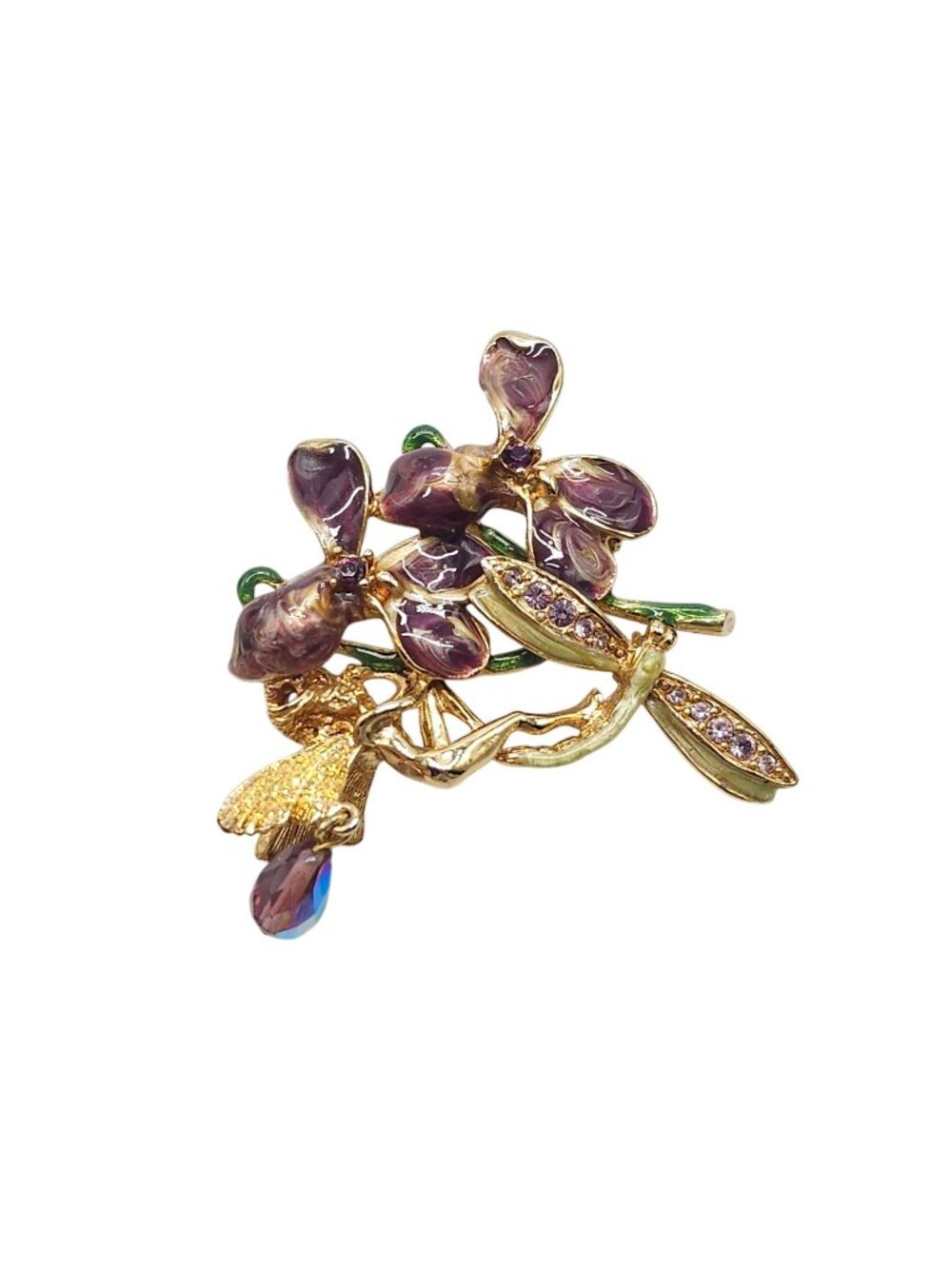 Kirks Folly Enchanted Fairy Orchid Dragonfly Brooch Gold Tone